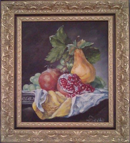 Tihožitje s hruško in granatnim jabolkom