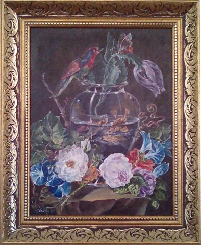 Tihožitje s stekleno vazo in ribicami